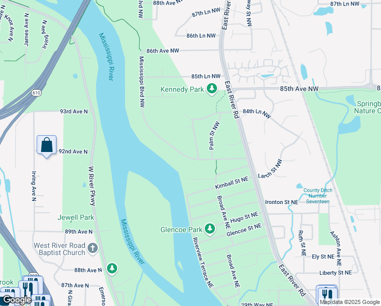 map of restaurants, bars, coffee shops, grocery stores, and more near 8312 Mississippi Boulevard Northwest in Coon Rapids