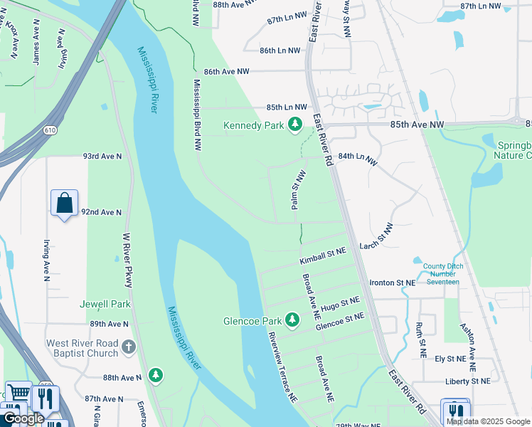 map of restaurants, bars, coffee shops, grocery stores, and more near 8312 Mississippi Boulevard Northwest in Coon Rapids