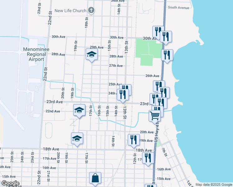 map of restaurants, bars, coffee shops, grocery stores, and more near 2400 14th Street in Menominee