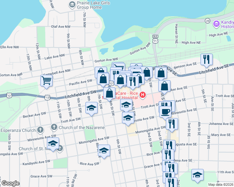map of restaurants, bars, coffee shops, grocery stores, and more near in Willmar