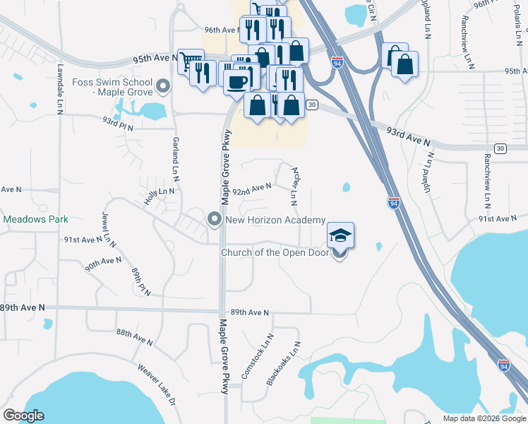 map of restaurants, bars, coffee shops, grocery stores, and more near 9114 Comstock Lane North in Maple Grove
