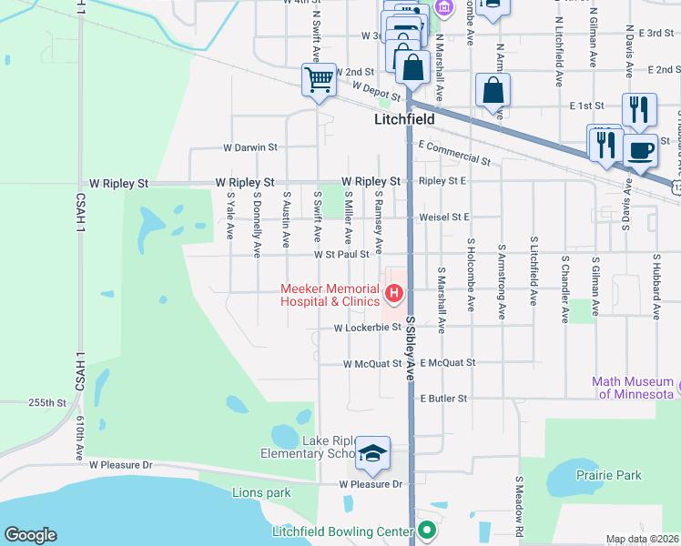 map of restaurants, bars, coffee shops, grocery stores, and more near 602 South Miller Avenue in Litchfield