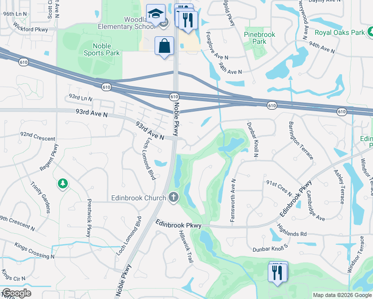 map of restaurants, bars, coffee shops, grocery stores, and more near 4216 93rd Avenue North in Minneapolis