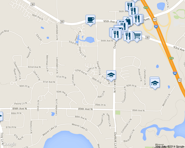 map of restaurants, bars, coffee shops, grocery stores, and more near 9191 Holly Lane North in Maple Grove