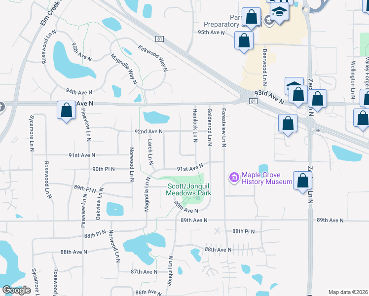 map of restaurants, bars, coffee shops, grocery stores, and more near 12029 92nd Avenue North in Maple Grove
