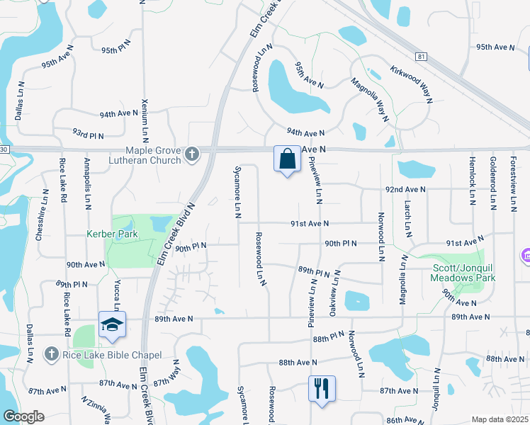 map of restaurants, bars, coffee shops, grocery stores, and more near 9122 Rosewood Lane North in Osseo