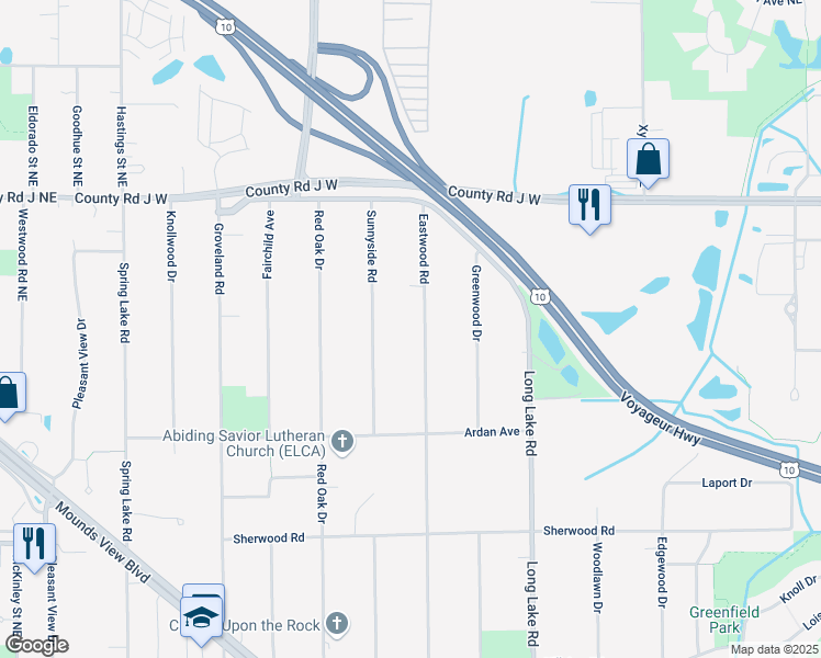 map of restaurants, bars, coffee shops, grocery stores, and more near 8395 Sunnyside Road in Mounds View