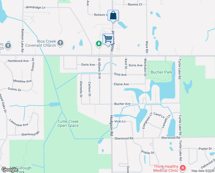 map of restaurants, bars, coffee shops, grocery stores, and more near 5923 Hodgson Road in Shoreview