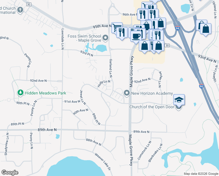 map of restaurants, bars, coffee shops, grocery stores, and more near 9292 Holly Lane North in Maple Grove