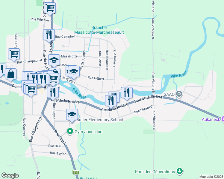 map of restaurants, bars, coffee shops, grocery stores, and more near 120 Rue de l'Église in Bedford