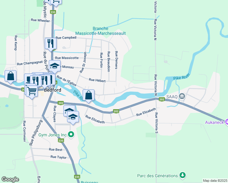 map of restaurants, bars, coffee shops, grocery stores, and more near 120 Rue de l'Église in Bedford