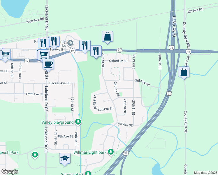 map of restaurants, bars, coffee shops, grocery stores, and more near 2305 3rd Avenue Southeast in Willmar