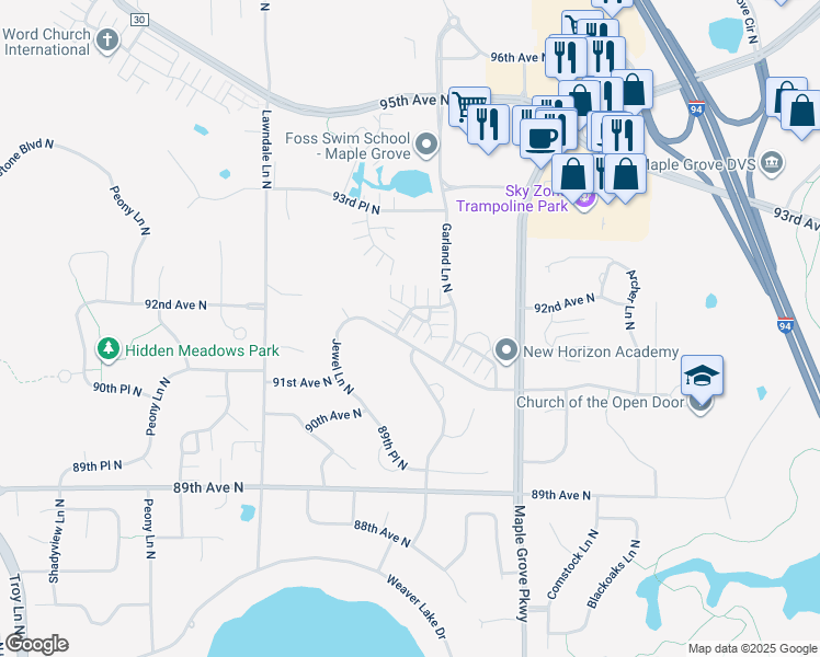 map of restaurants, bars, coffee shops, grocery stores, and more near 9191 Holly Lane North in Maple Grove