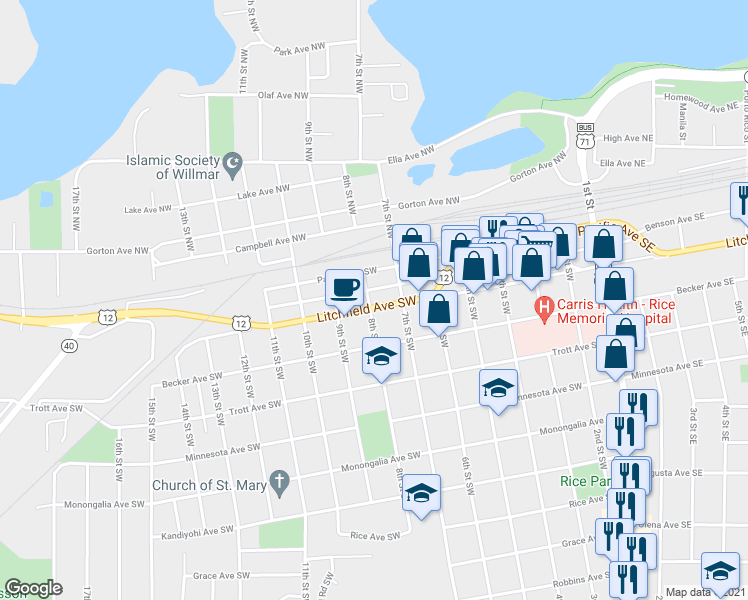 map of restaurants, bars, coffee shops, grocery stores, and more near 718 Litchfield Avenue Southwest in Willmar