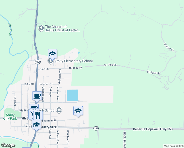 map of restaurants, bars, coffee shops, grocery stores, and more near 4047 Southeast Rice Lane in Amity