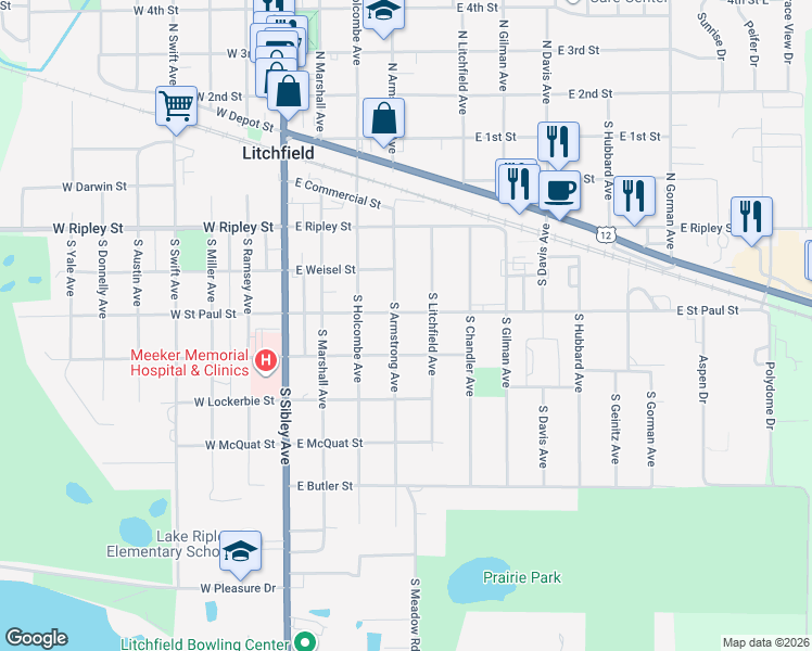 map of restaurants, bars, coffee shops, grocery stores, and more near 504 South Armstrong Avenue in Litchfield