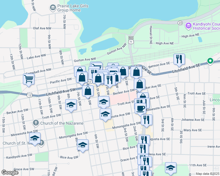 map of restaurants, bars, coffee shops, grocery stores, and more near 311 4th Street Southwest in Willmar
