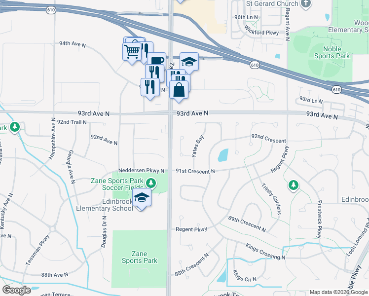 map of restaurants, bars, coffee shops, grocery stores, and more near 9146 Yates Bay Circle in Minneapolis