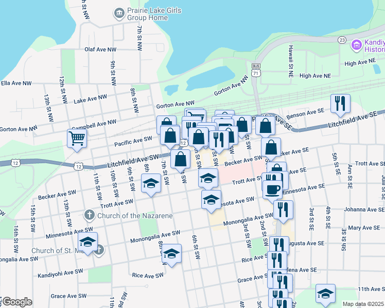 map of restaurants, bars, coffee shops, grocery stores, and more near 520 Litchfield Avenue Southwest in Willmar