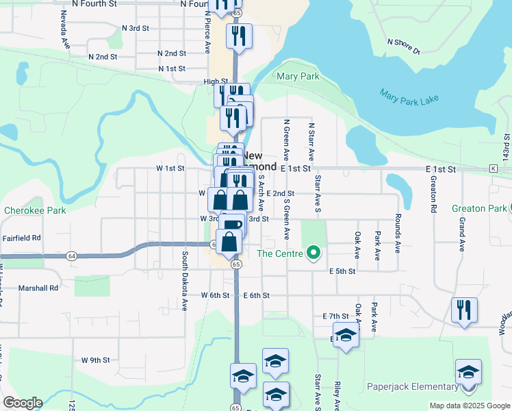 map of restaurants, bars, coffee shops, grocery stores, and more near 154 East 2nd Street in New Richmond