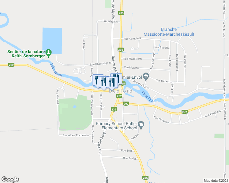 map of restaurants, bars, coffee shops, grocery stores, and more near 25 Rue Principale in Bedford