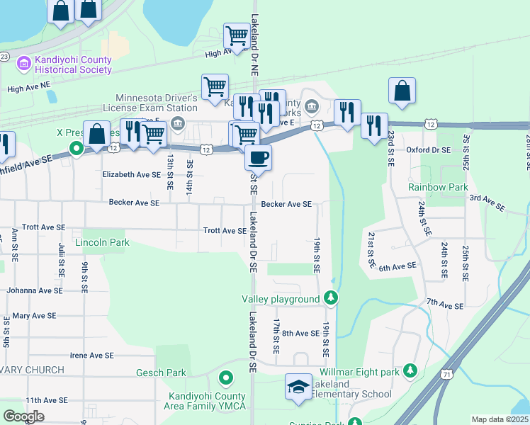 map of restaurants, bars, coffee shops, grocery stores, and more near 401 Lakeland Drive Southeast in Willmar