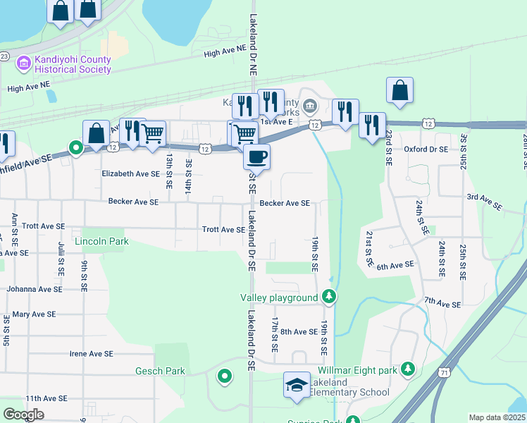 map of restaurants, bars, coffee shops, grocery stores, and more near 401 Lakeland Drive Southeast in Willmar