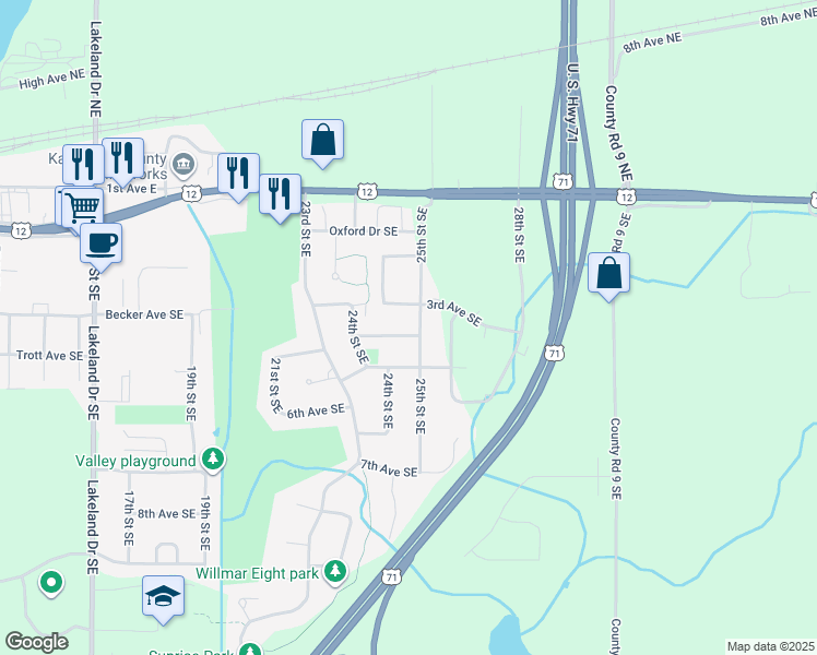 map of restaurants, bars, coffee shops, grocery stores, and more near 2433 3rd Avenue Southeast in Willmar
