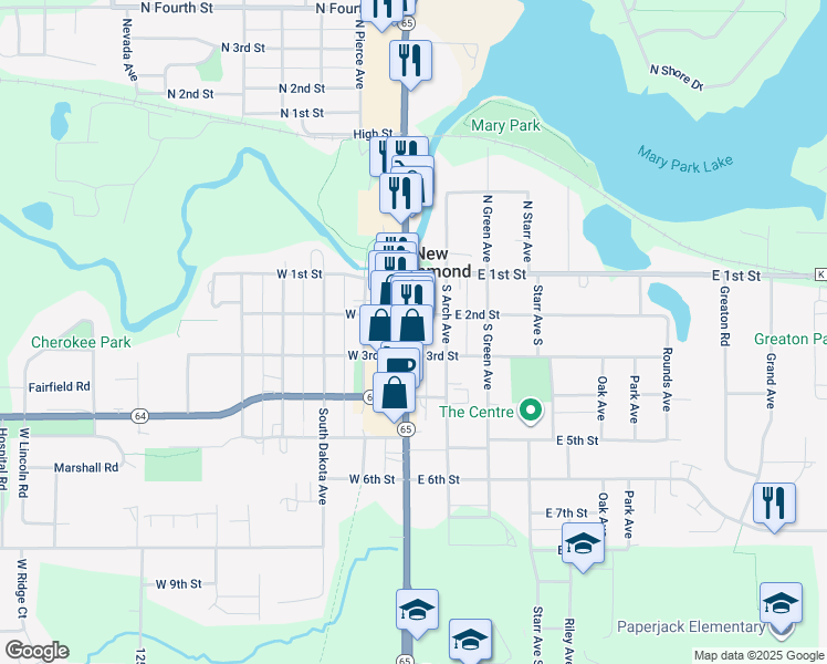 map of restaurants, bars, coffee shops, grocery stores, and more near 201 South Knowles Avenue in New Richmond