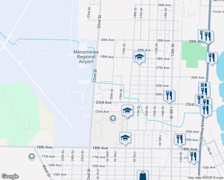 map of restaurants, bars, coffee shops, grocery stores, and more near 2399 20th St in Menominee