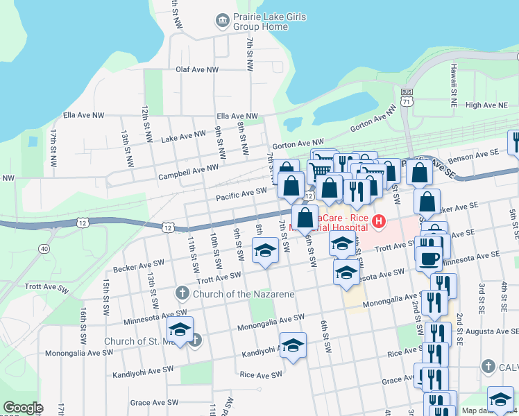 map of restaurants, bars, coffee shops, grocery stores, and more near 718 Litchfield Avenue Southwest in Willmar