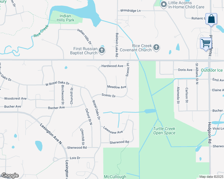 map of restaurants, bars, coffee shops, grocery stores, and more near 5945 Robin Oak Court in Shoreview