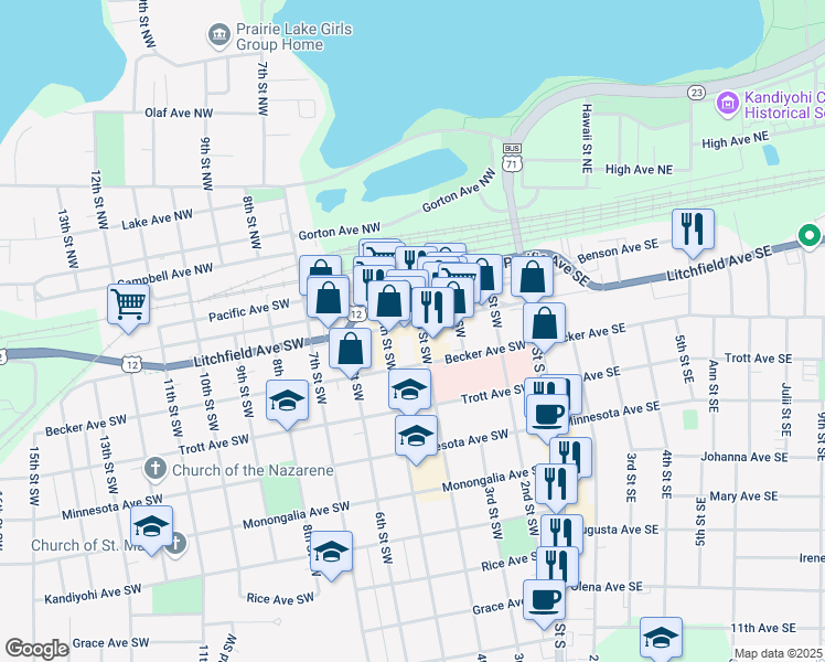 map of restaurants, bars, coffee shops, grocery stores, and more near 426 Litchfield Avenue Southwest in Willmar