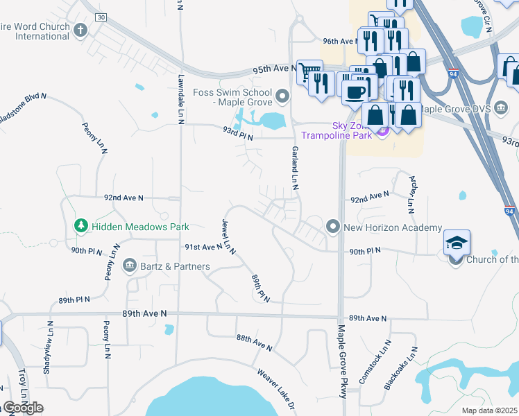 map of restaurants, bars, coffee shops, grocery stores, and more near 9059 Holly Lane North in Osseo