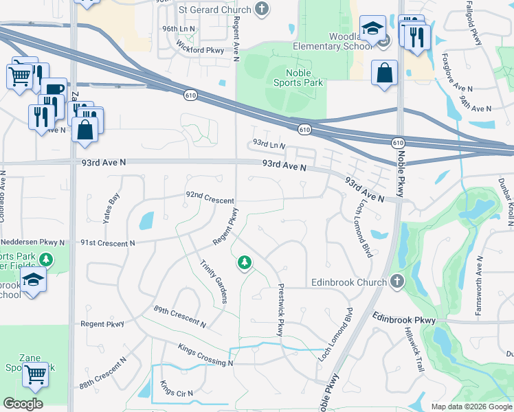 map of restaurants, bars, coffee shops, grocery stores, and more near 5001 92nd Crescent in Brooklyn Park