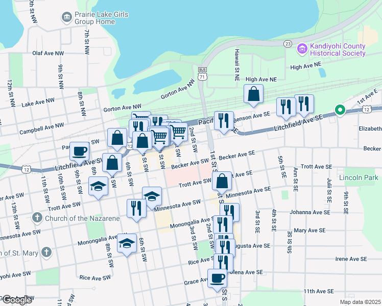 map of restaurants, bars, coffee shops, grocery stores, and more near 221 Litchfield Avenue Southwest in Willmar