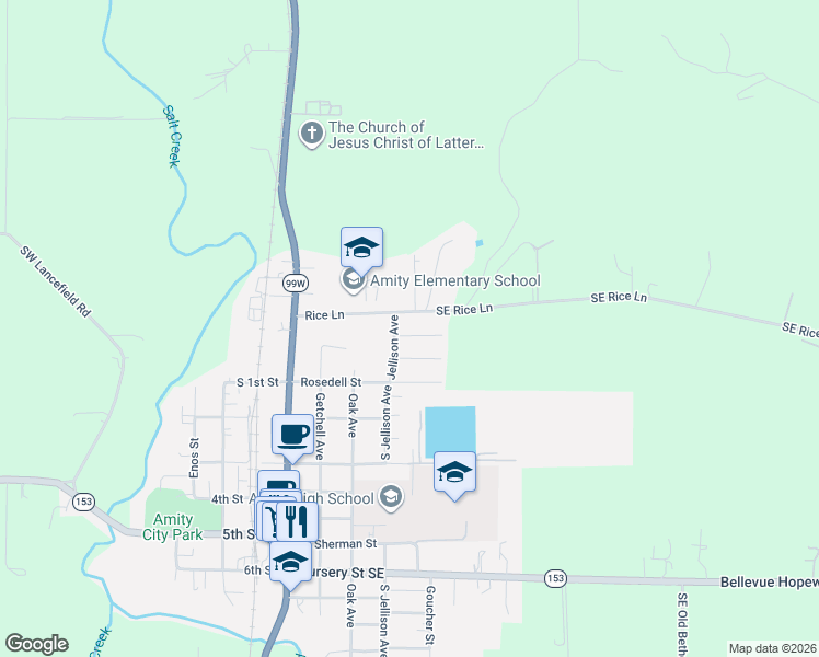 map of restaurants, bars, coffee shops, grocery stores, and more near 407 Southeast Rice Lane in Amity
