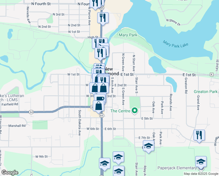 map of restaurants, bars, coffee shops, grocery stores, and more near 154 East 2nd Street in New Richmond