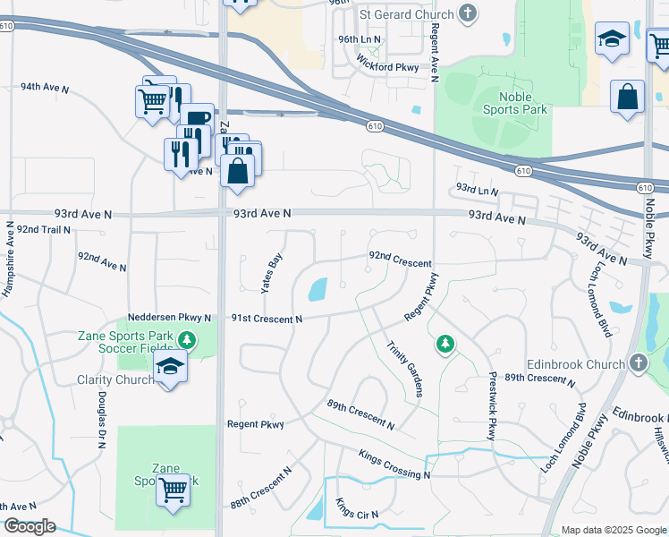 map of restaurants, bars, coffee shops, grocery stores, and more near 9137 Victoria Court in Minneapolis
