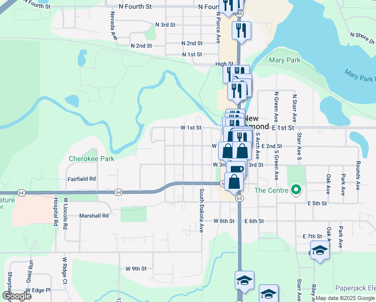 map of restaurants, bars, coffee shops, grocery stores, and more near 350 West 2nd Street in New Richmond