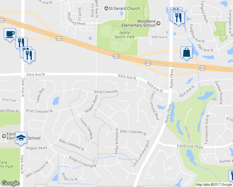 map of restaurants, bars, coffee shops, grocery stores, and more near 4901 92nd Crescent in Minneapolis