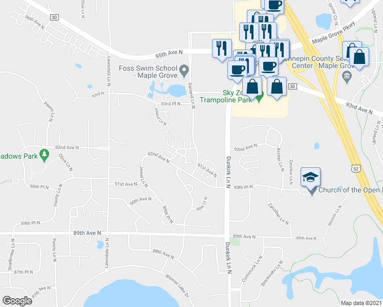 map of restaurants, bars, coffee shops, grocery stores, and more near 9282 Holly Lane North in Maple Grove