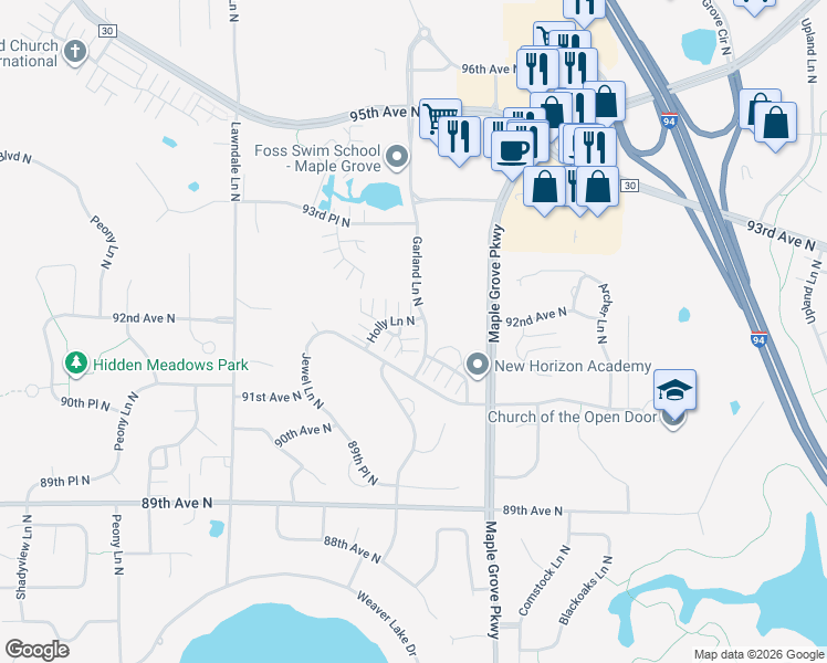 map of restaurants, bars, coffee shops, grocery stores, and more near 9292 Holly Lane North in Maple Grove