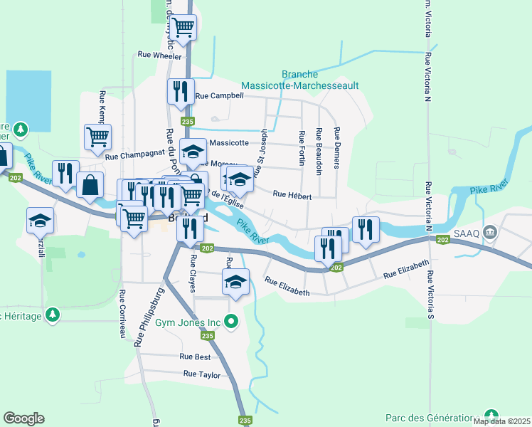 map of restaurants, bars, coffee shops, grocery stores, and more near 68 Rue de l'Église in Bedford