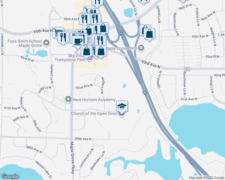 map of restaurants, bars, coffee shops, grocery stores, and more near 9150 Zanzibar Lane North in Maple Grove