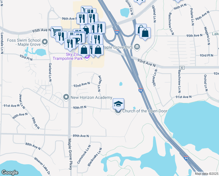 map of restaurants, bars, coffee shops, grocery stores, and more near 9150 Zanzibar Lane North in Maple Grove