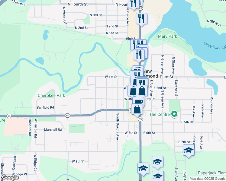 map of restaurants, bars, coffee shops, grocery stores, and more near 326 West 2nd Street in New Richmond