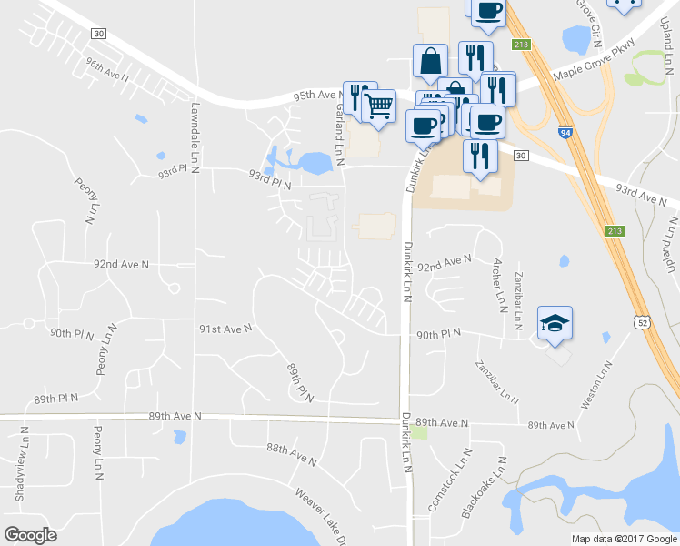 map of restaurants, bars, coffee shops, grocery stores, and more near 9241 Holly Lane North in Maple Grove