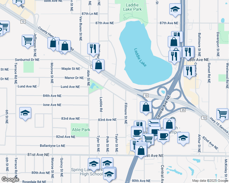 map of restaurants, bars, coffee shops, grocery stores, and more near 1063 Manor Drive Northeast in Minneapolis