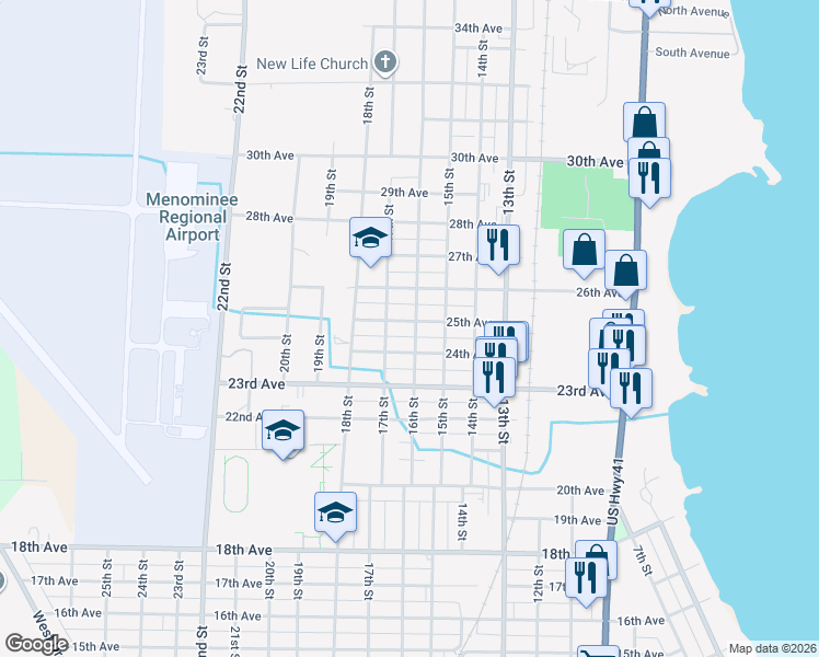 map of restaurants, bars, coffee shops, grocery stores, and more near 1601 25th Avenue in Menominee